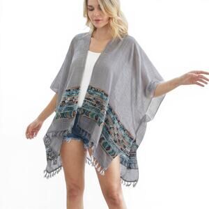 NWT RAJ Aztec Embroidered Tassel Trim Beach Cover-up Boho Kimono Shawl Wrap